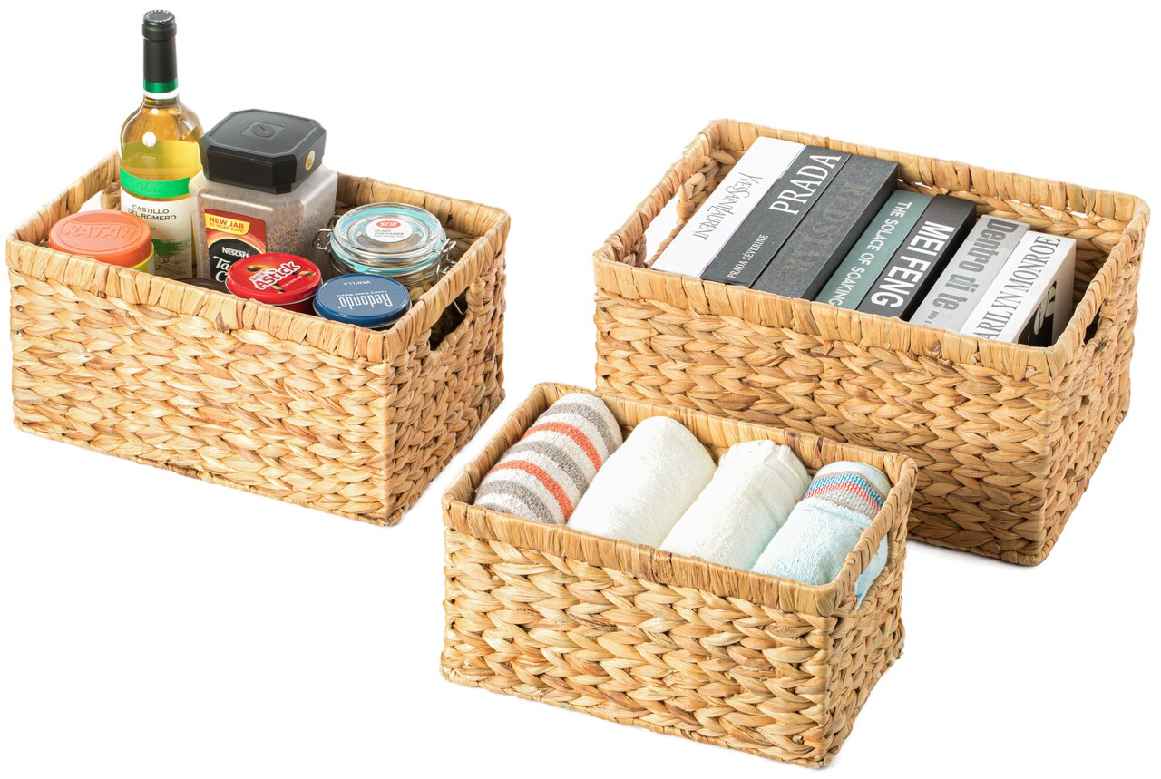 Natural Woven Water Hyacinth Wicker Rectangular Storage Bin Basket with Handles